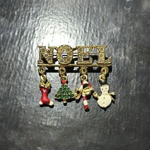 NOEL W/Dangle Charms Christmas Holiday Brooch Pin Enamel Rhinestone Gold Tone